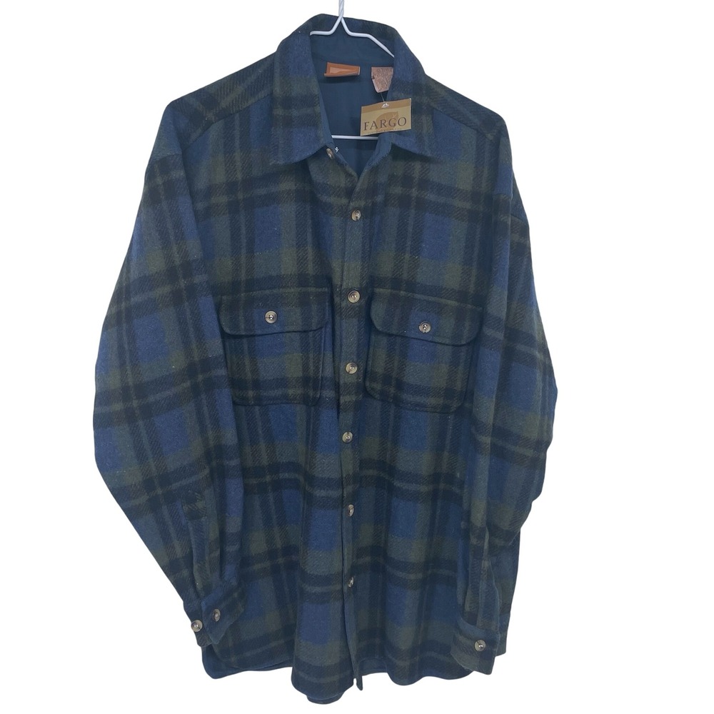 New FARGO Plaid Shacket Shirt Jacket Medium Blue Green Wool Blend Flannel‎